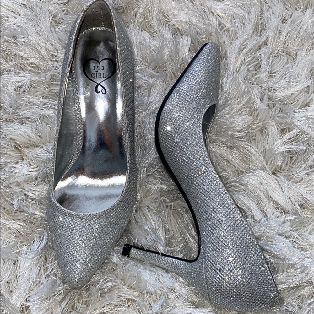 143 girl Silver sparkle stilettos